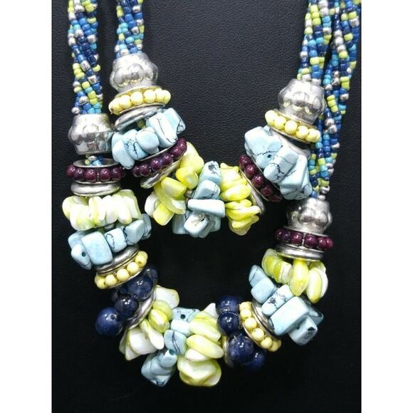 Chico's Blue Green Seed Bead Gemstone MOP Two Strand Necklace, 25 Inches - Picture 3 of 9